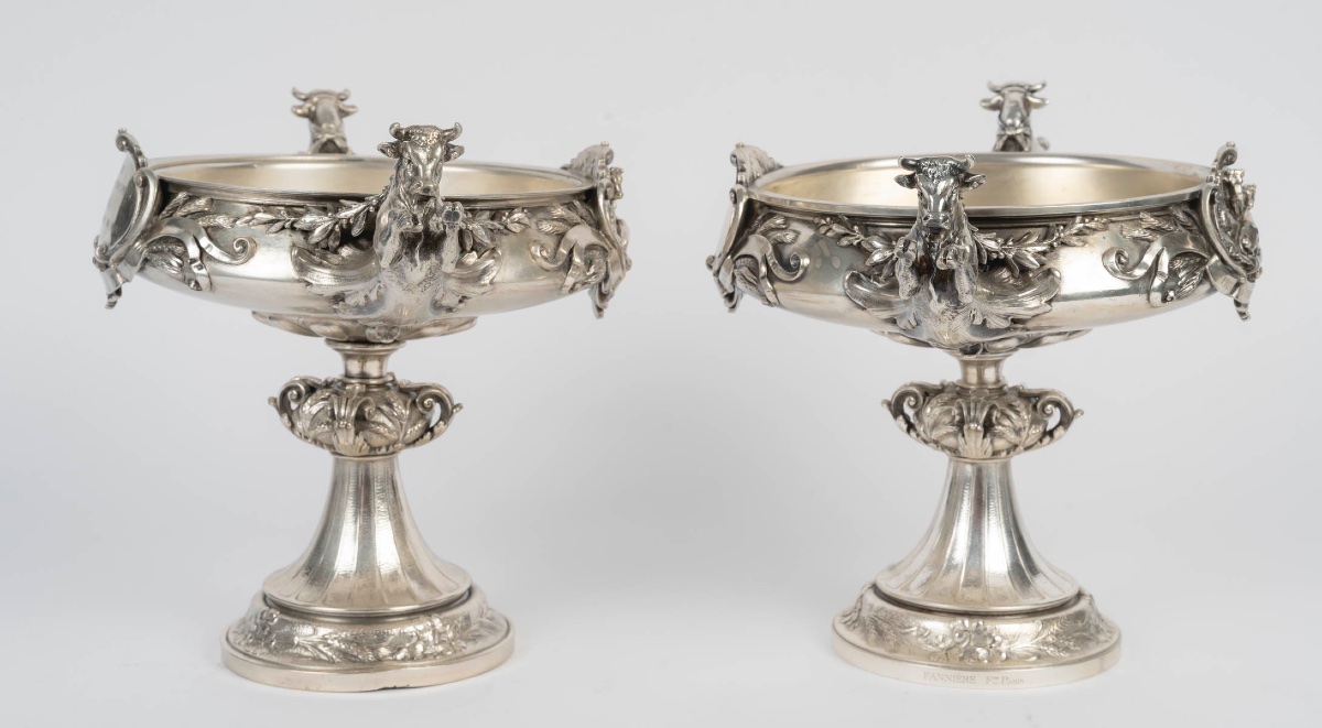Pair Of Silver-plated Bronze Bowls On Pedestals, France, 1881-photo-3