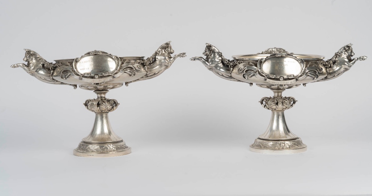 Pair Of Silver-plated Bronze Bowls On Pedestals, France, 1881-photo-4