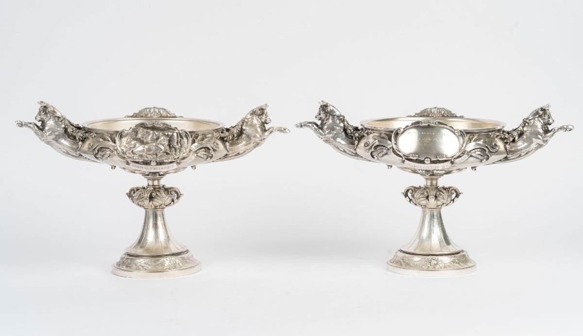 Pair Of Silver-plated Bronze Bowls On Pedestals, France, 1881