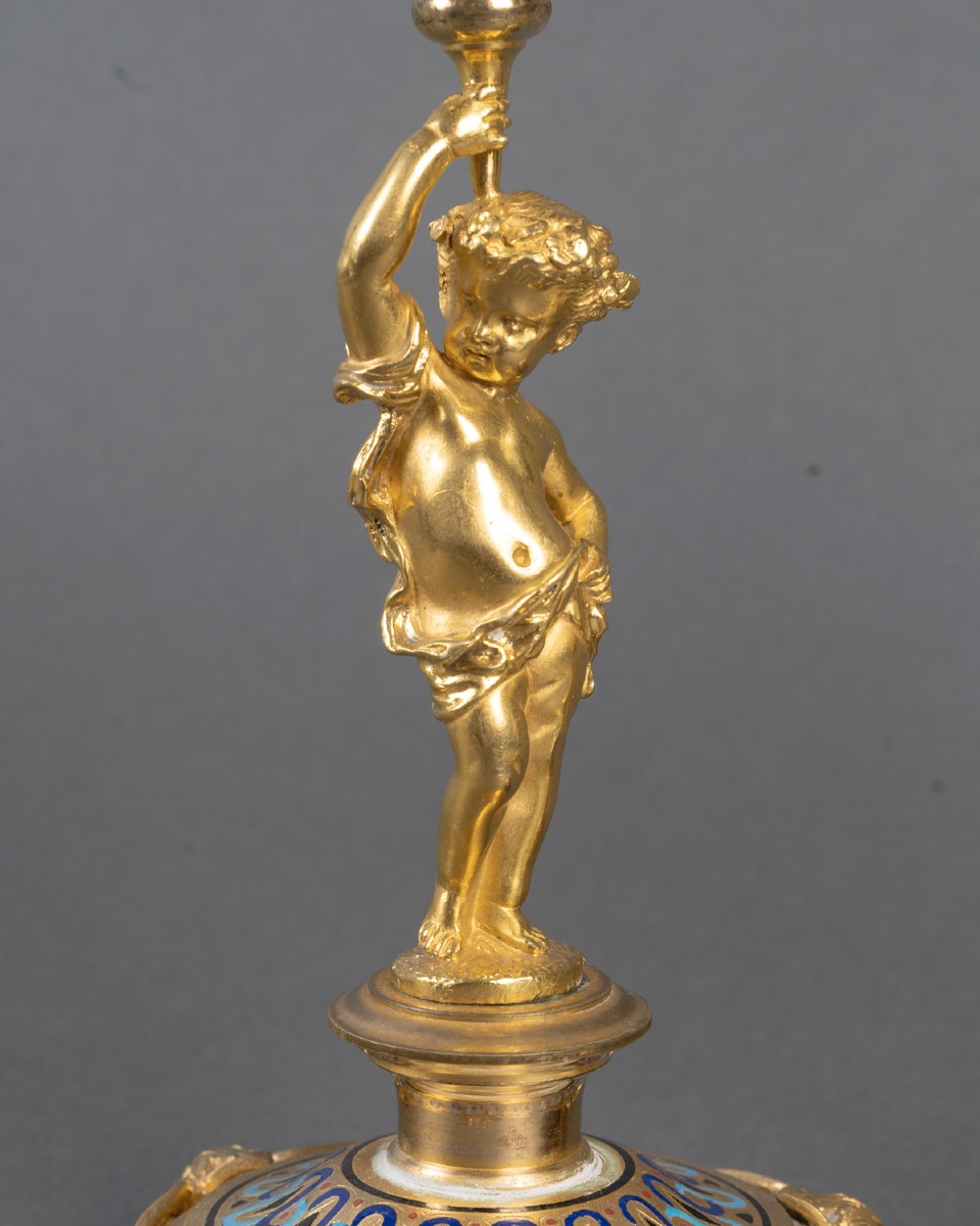 Pair Of Bronze Torches, 19th Century, Empire Style-photo-2