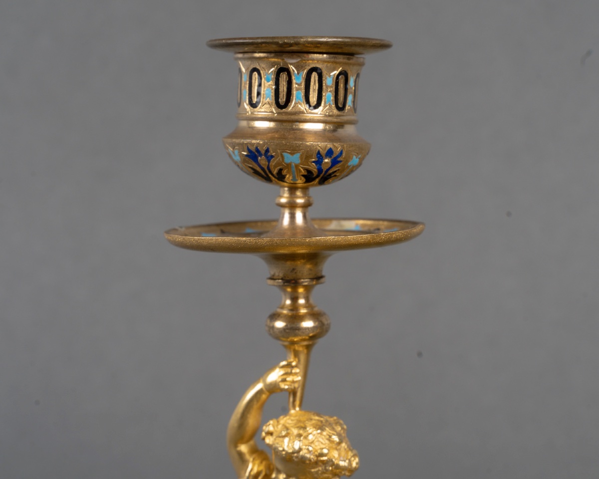 Pair Of Bronze Torches, 19th Century, Empire Style-photo-1