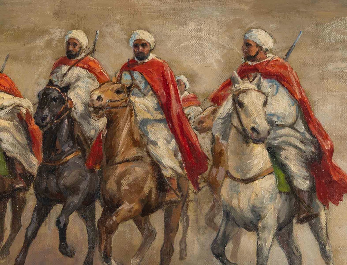 SCÈNE DE CAVALIERS BERBÈRES DANS LE DÉSERT – HUILE SUR TOILE, FIN 19e SIÈCLE-photo-3