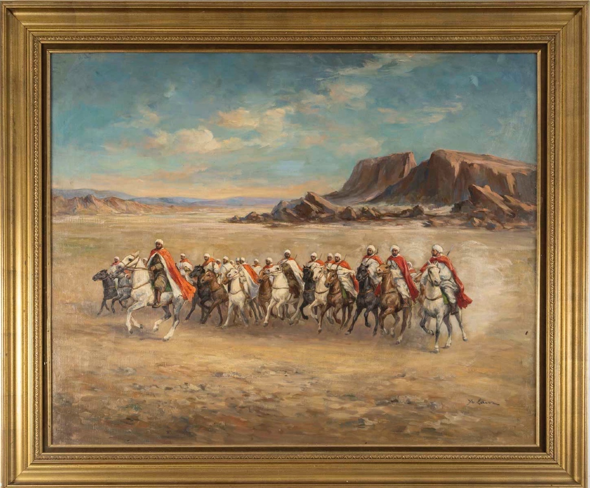 SCÈNE DE CAVALIERS BERBÈRES DANS LE DÉSERT – HUILE SUR TOILE, FIN 19e SIÈCLE