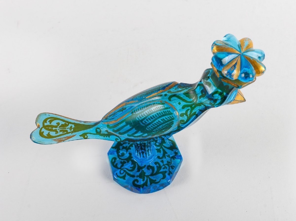 Flacon Oiseau de Bohême en verre bleu à décor émaillé argenté et doré-photo-3