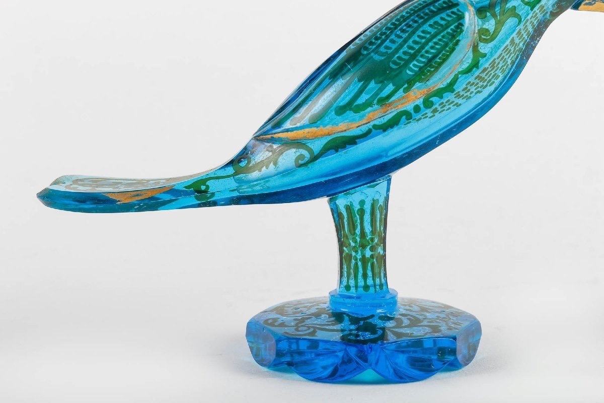 Flacon Oiseau de Bohême en verre bleu à décor émaillé argenté et doré-photo-2