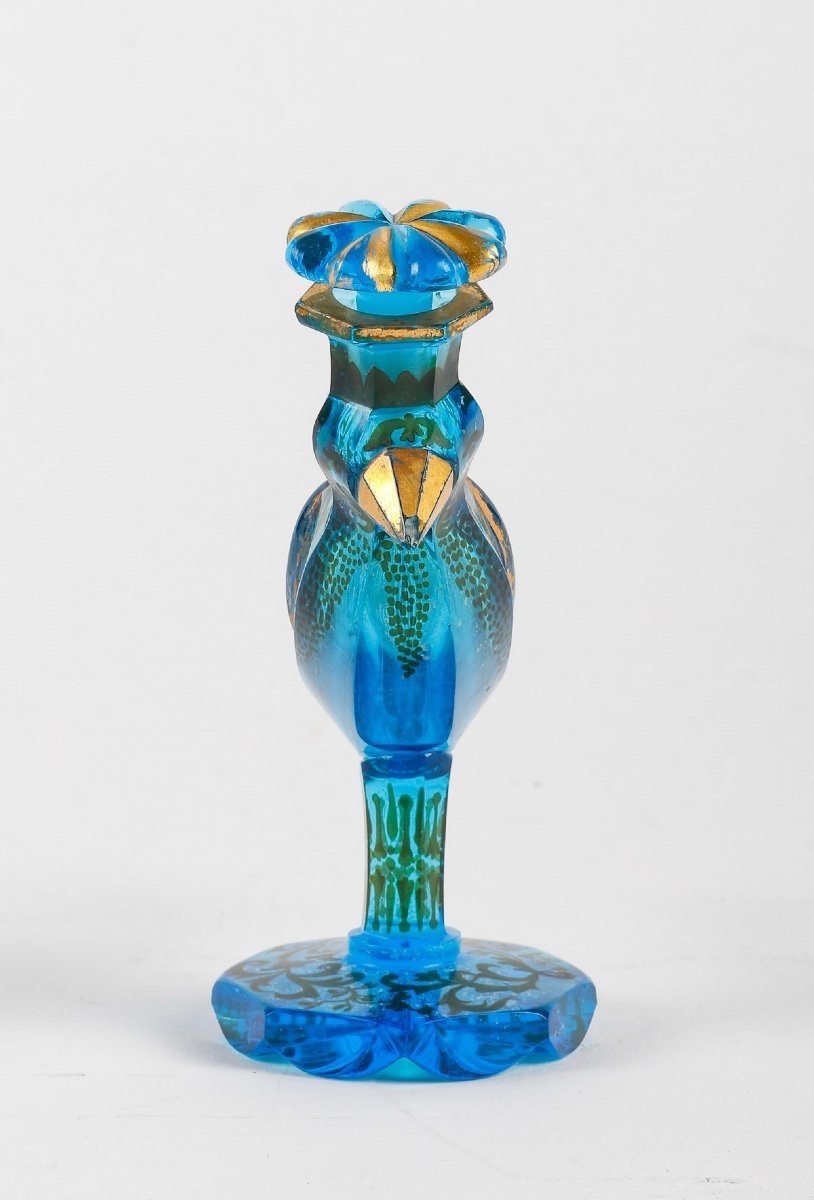 Flacon Oiseau de Bohême en verre bleu à décor émaillé argenté et doré-photo-3