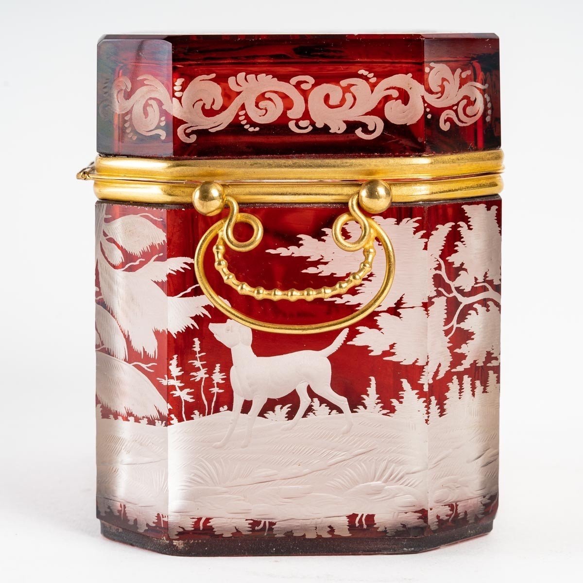 Bohemian Crystal Box With Hunting Scene Decoration, 19ᵉ Century-photo-2