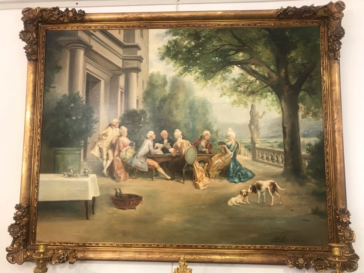 SCÈNE GALANTE DANS UN PARC ARISTOCRATIQUE – HUILE SUR TOILE, 19E SIÈCLE-photo-1