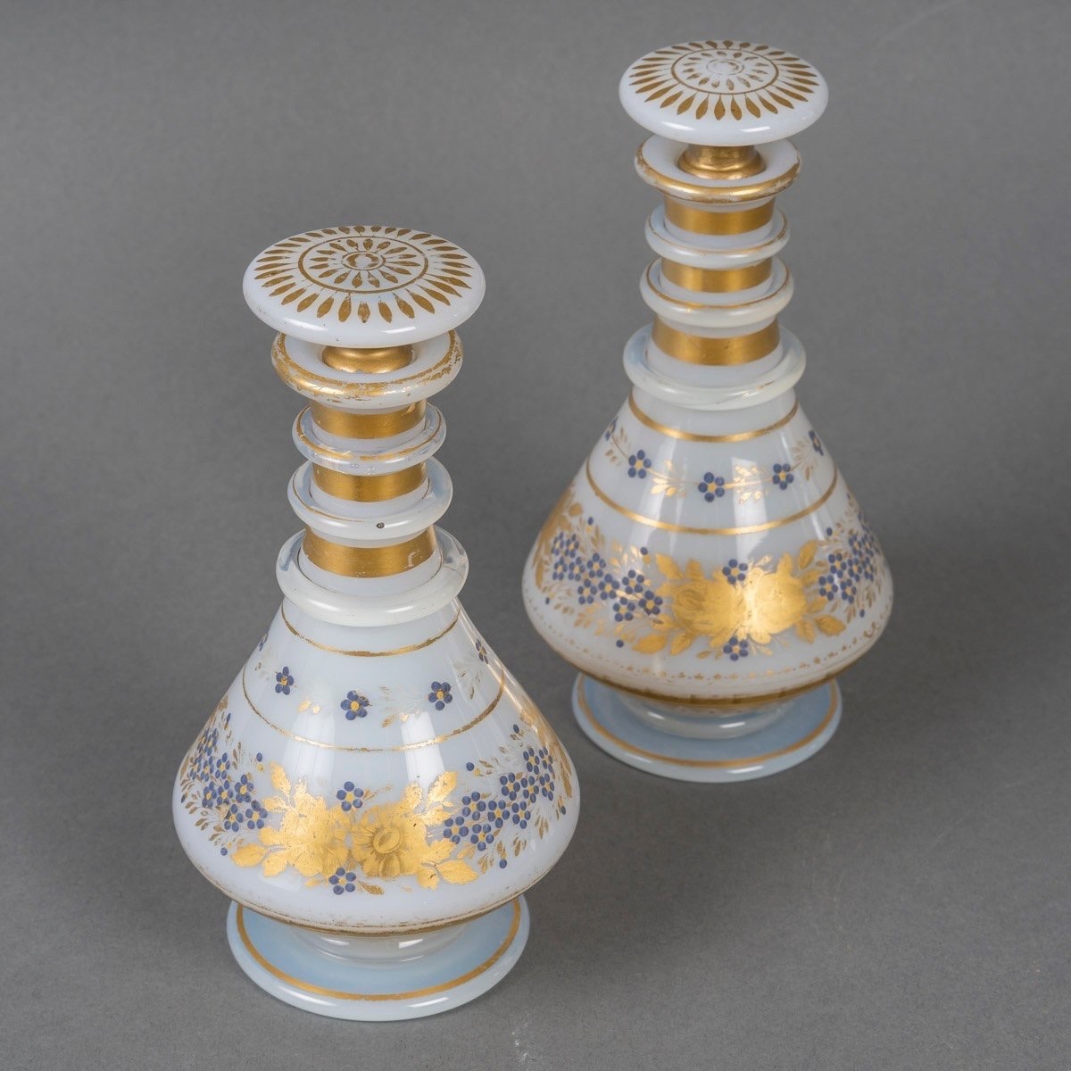 Pair Of Gold-enameled White Opaline Bottles - Style Charles X, 19th Century-photo-3