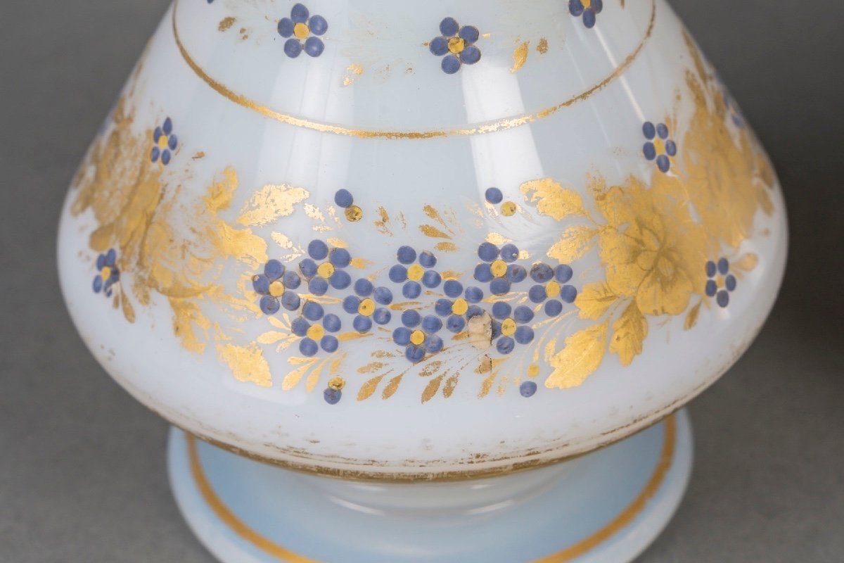 Pair Of Gold-enameled White Opaline Bottles - Style Charles X, 19th Century-photo-1