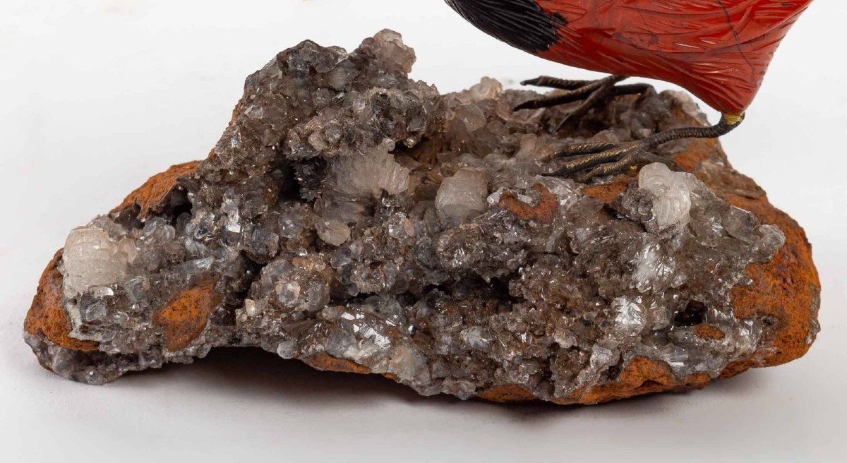 OISEAU EN MARBRE SUR BASE EN CALCITE, 20E SIÈCLE-photo-2