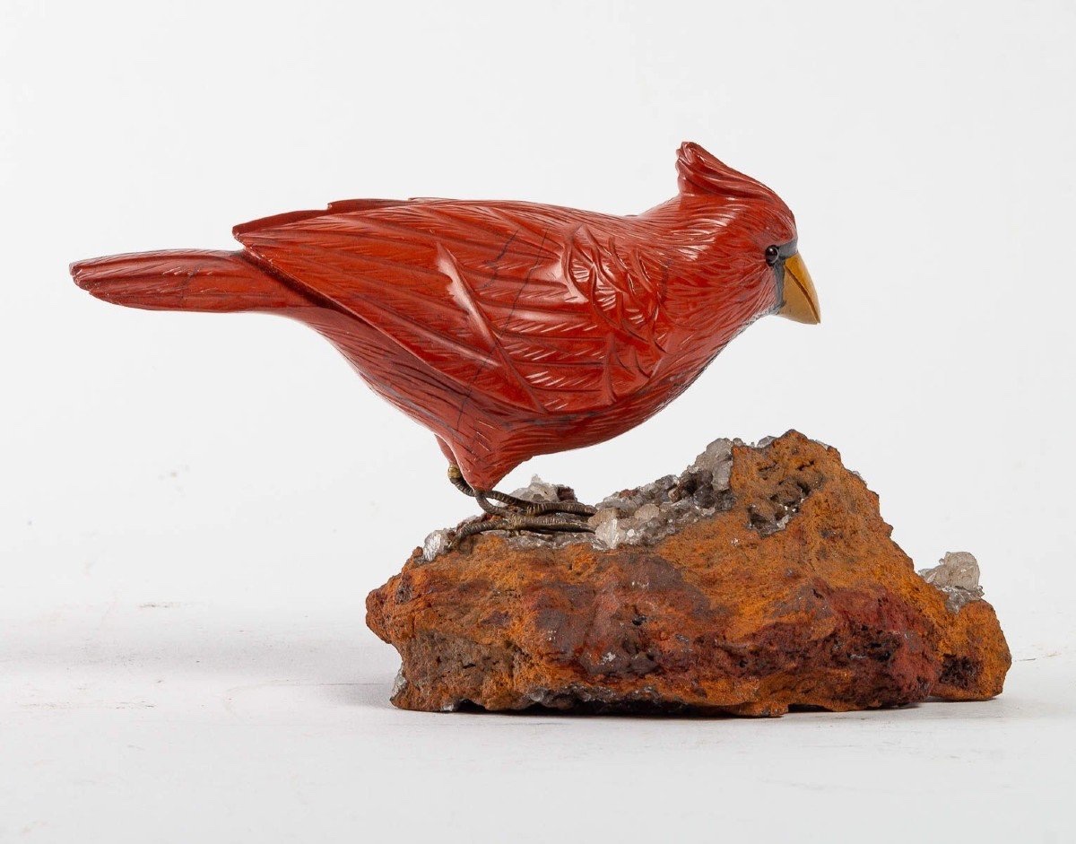 OISEAU EN MARBRE SUR BASE EN CALCITE, 20E SIÈCLE-photo-3