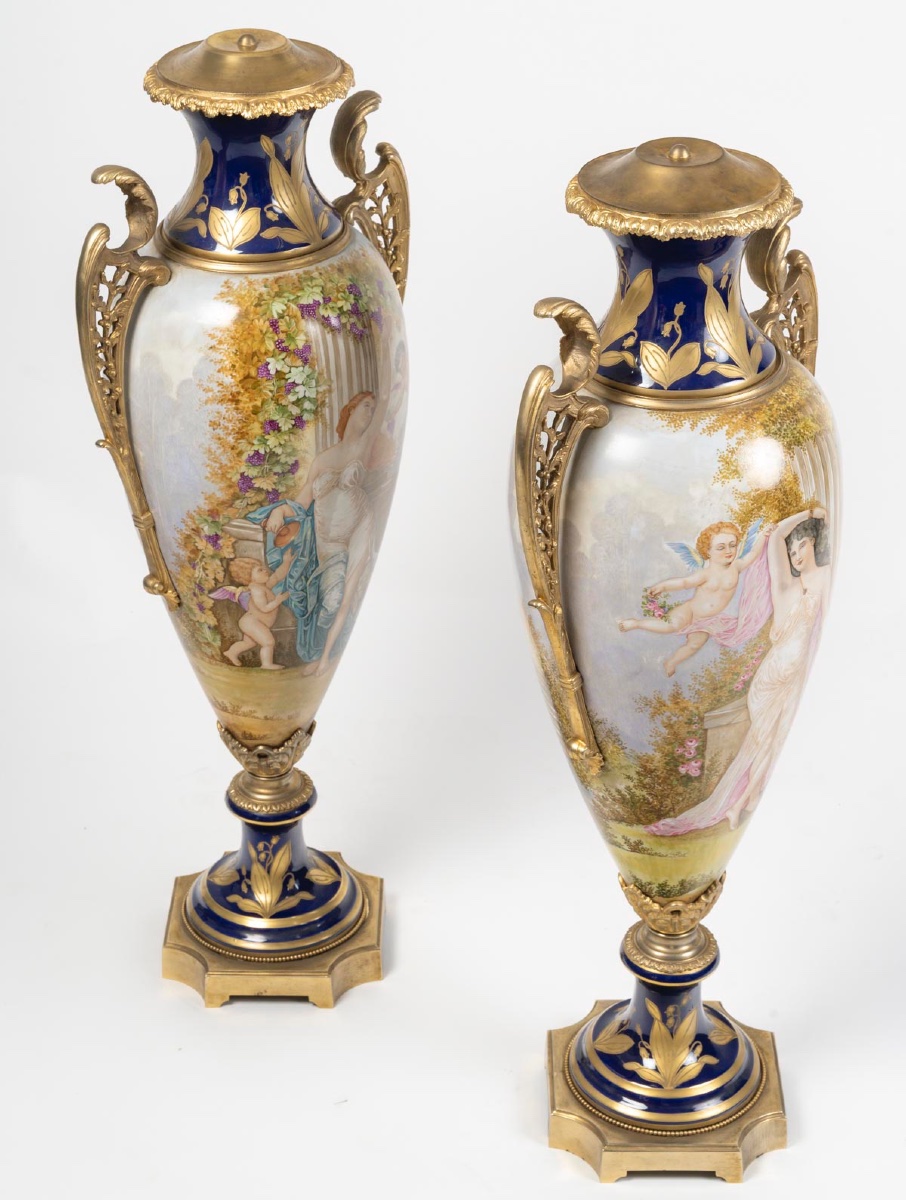 Pair Of Monumental Sèvres Porcelain Vases – Gilded Bronze, 19th Century-photo-2