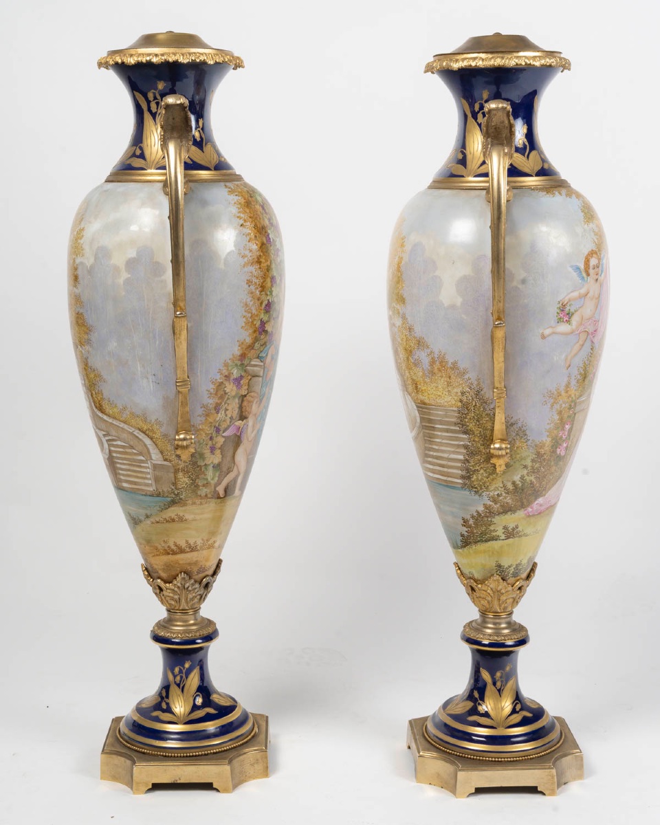 Pair Of Monumental Sèvres Porcelain Vases – Gilded Bronze, 19th Century-photo-3