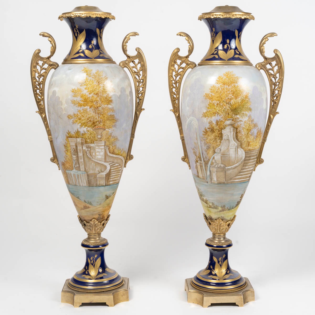 Pair Of Monumental Sèvres Porcelain Vases – Gilded Bronze, 19th Century-photo-4