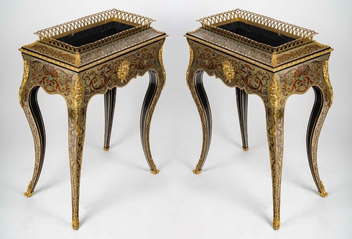 Pair Of Planters In Polychrome Boulle Marquetry, 19th Century