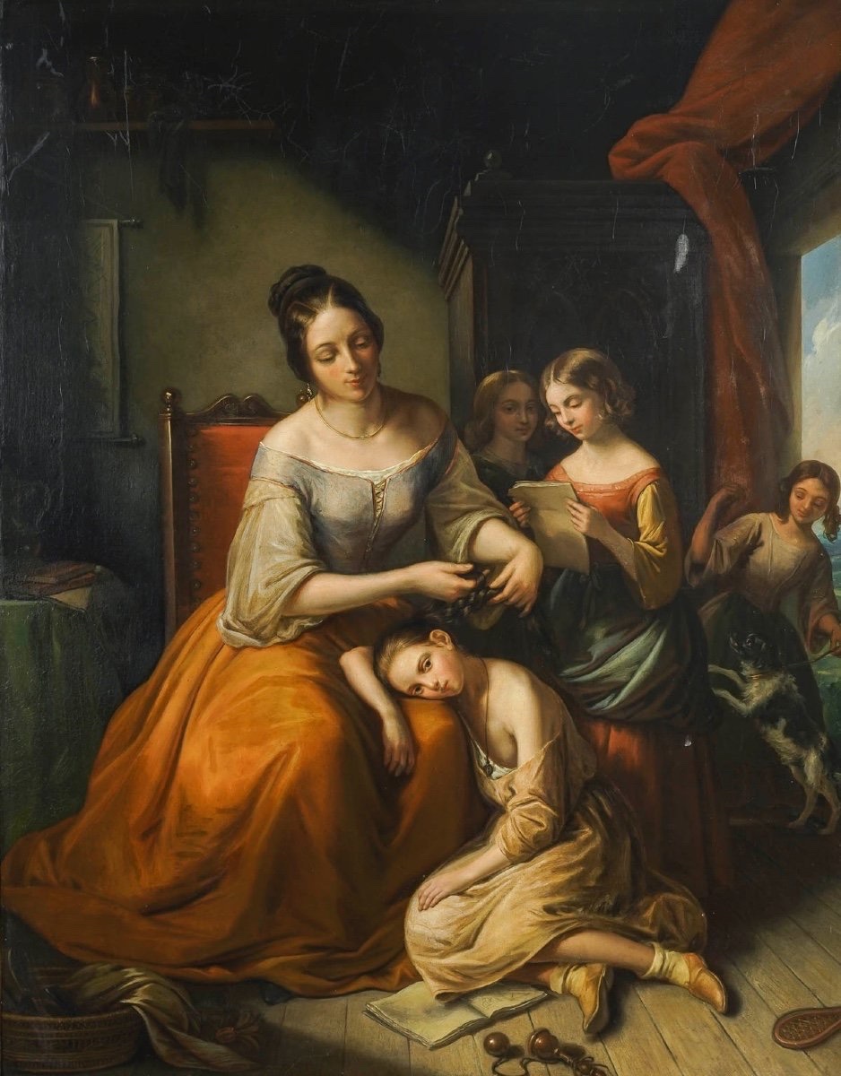 Family Scene In The 19th Century – Oil On Canvas-photo-2