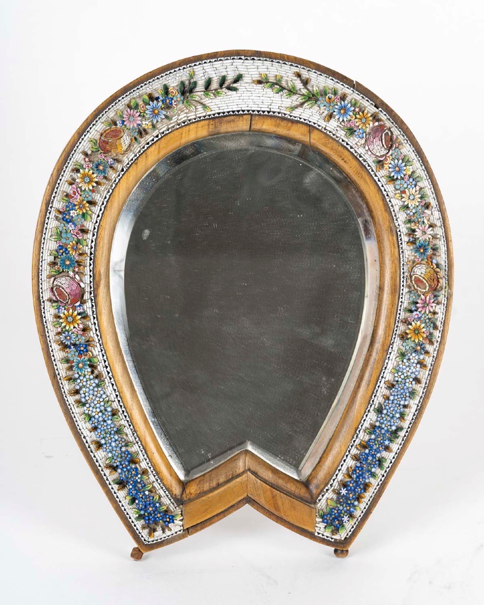 Miroir en fer à cheval en micro-mosaïque italienne, 19e siècle-photo-2