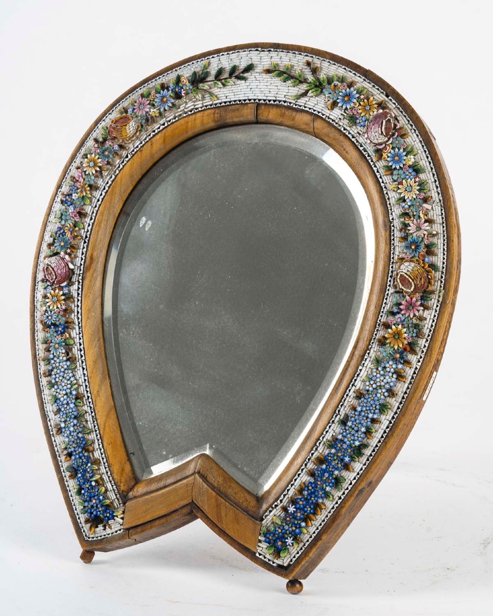 Miroir en fer à cheval en micro-mosaïque italienne, 19e siècle