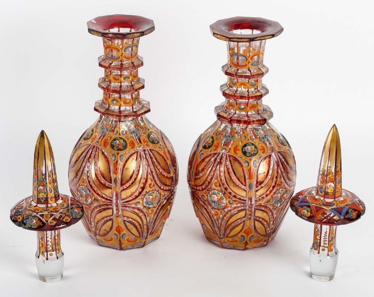 Paire de carafes en cristal émaillé et doré – 19ᵉ siècle-photo-2