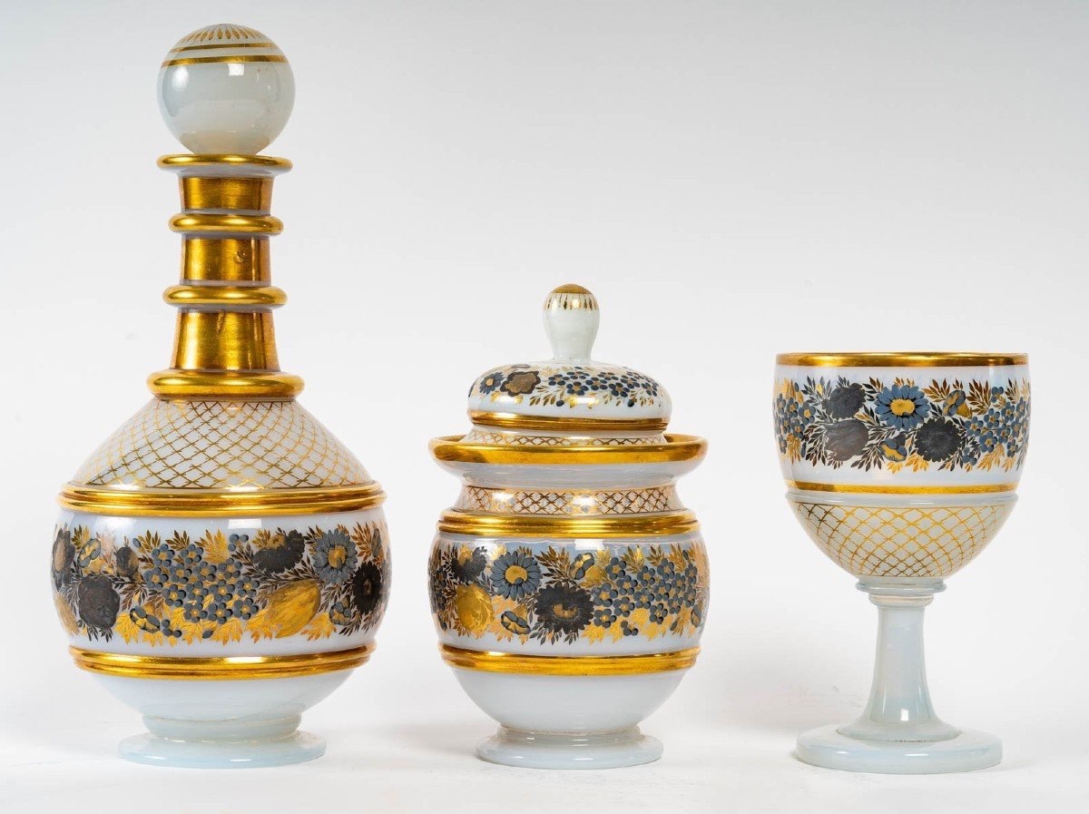 White Opaline Set, Charles X Style, With Gold-enameled Decoration