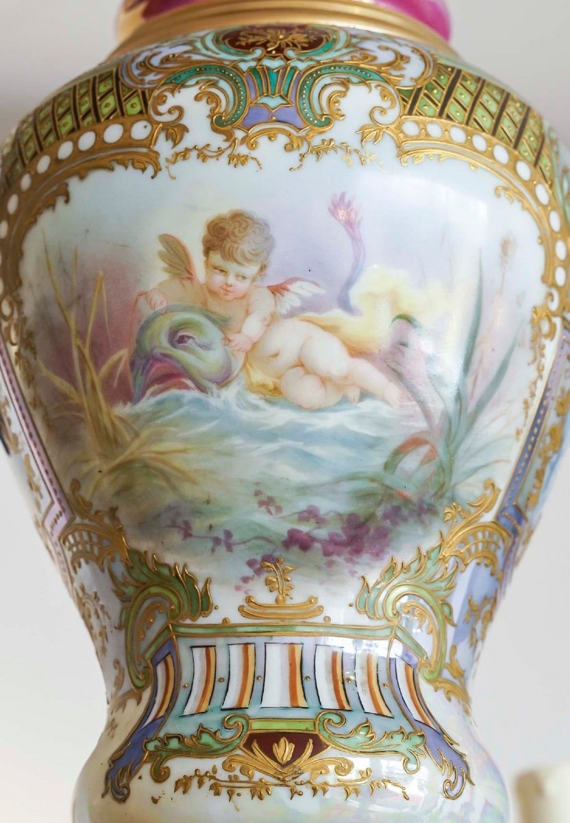 Lustre en bronze doré et porcelaine de la Manufacture de Sèvres – Style Louis XVI-photo-2