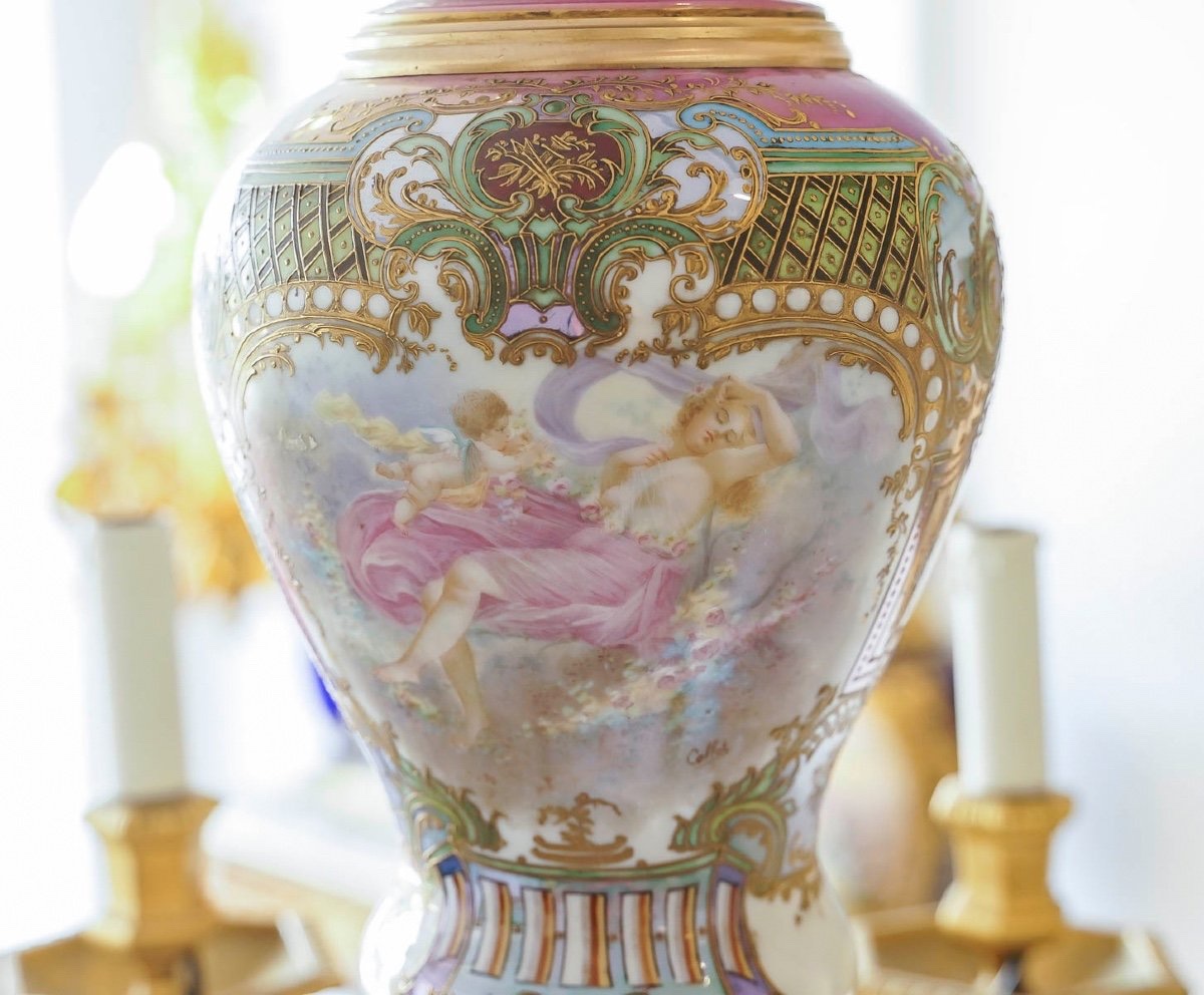 Lustre en bronze doré et porcelaine de la Manufacture de Sèvres – Style Louis XVI-photo-7