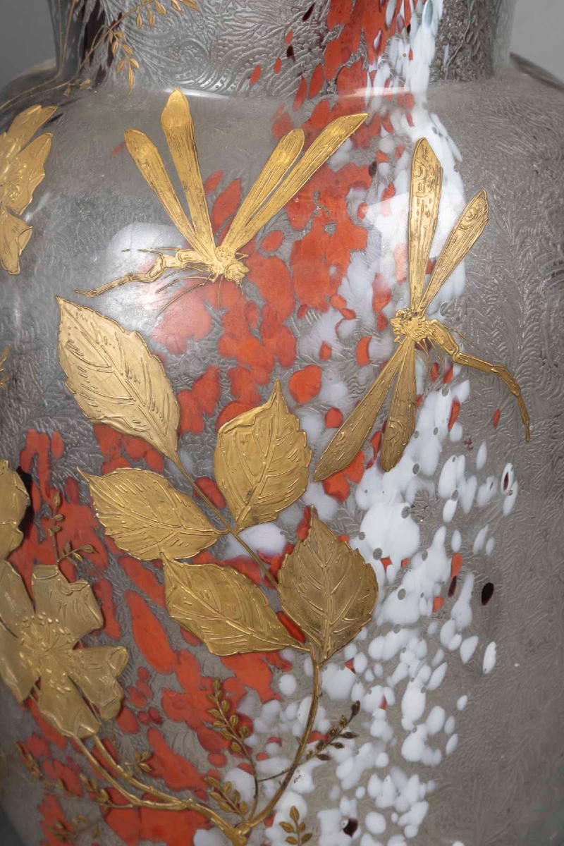 Pair Of Saint-louis Art Nouveau Vases With Dragonflies-photo-3