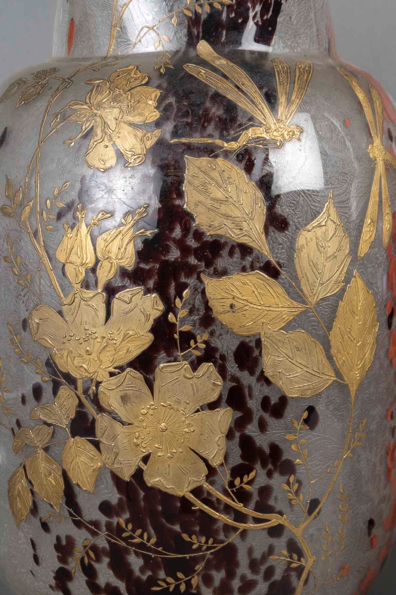 Pair Of Saint-louis Art Nouveau Vases With Dragonflies-photo-5