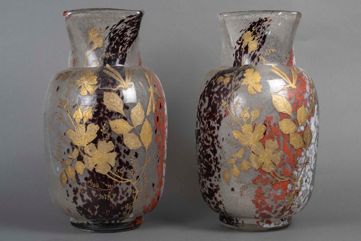Pair Of Saint-louis Art Nouveau Vases With Dragonflies