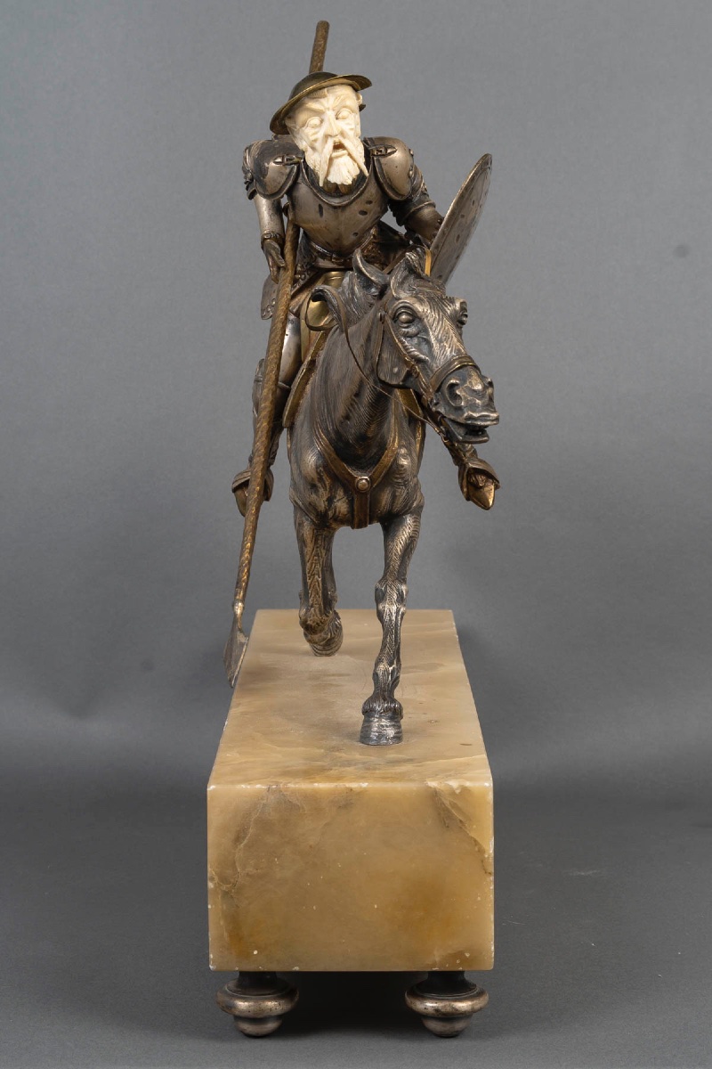 Don Quichotte à cheval en bronze, ivoire et onyx-photo-3
