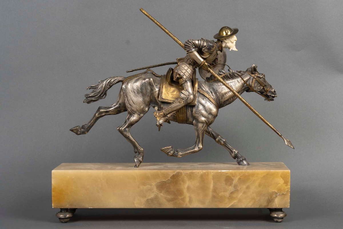 Don Quichotte à cheval en bronze, ivoire et onyx-photo-4