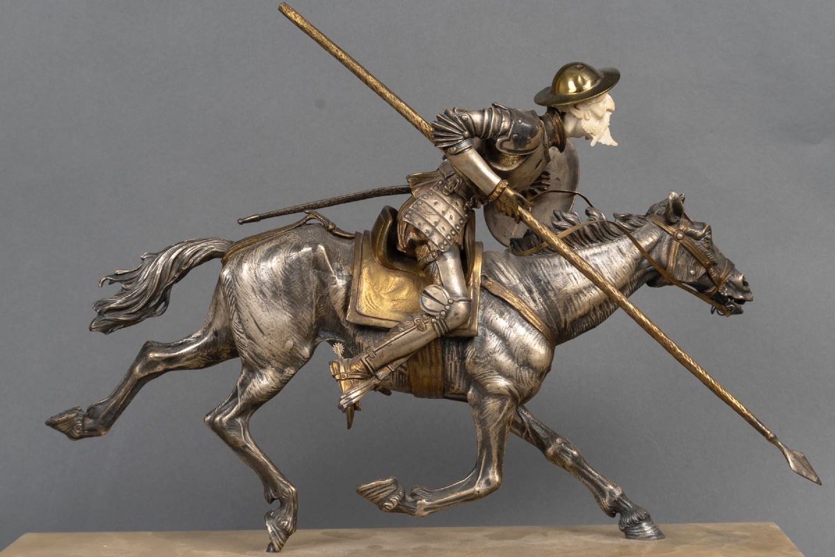 Don Quichotte à cheval en bronze, ivoire et onyx-photo-5