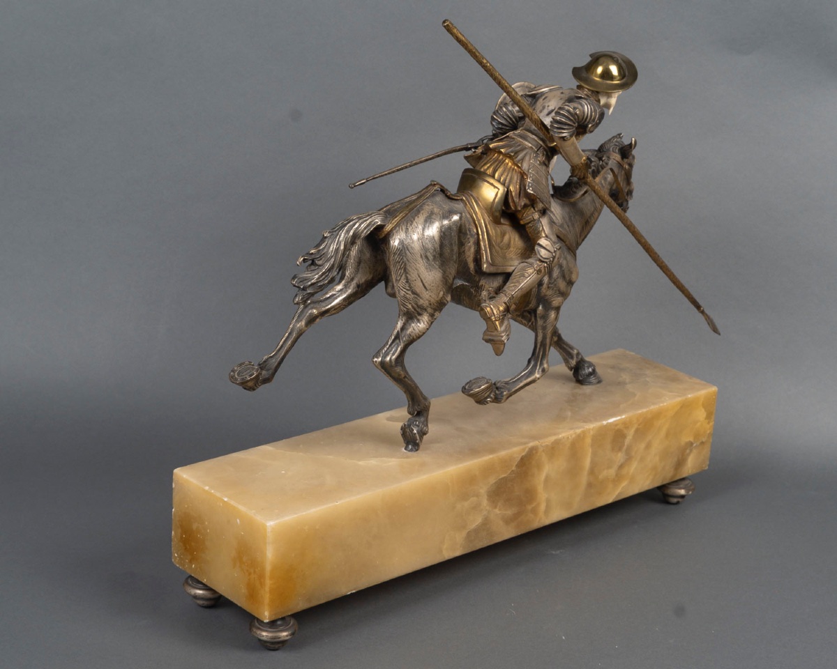 Don Quichotte à cheval en bronze, ivoire et onyx-photo-6