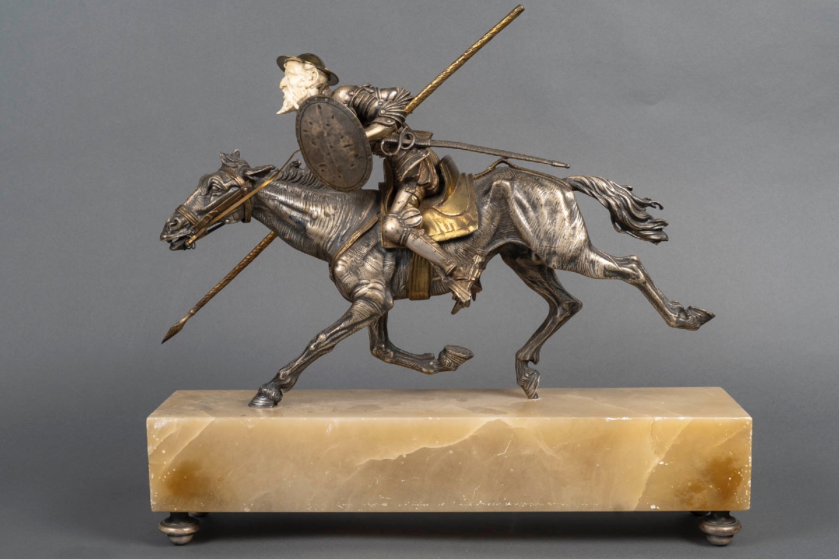 Don Quichotte à cheval en bronze, ivoire et onyx