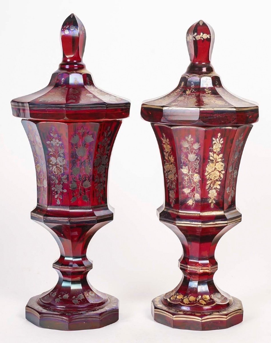 Paire de Gobelets en Verre de Bohême Rouge, Décor Floral – 19e Siècle-photo-3