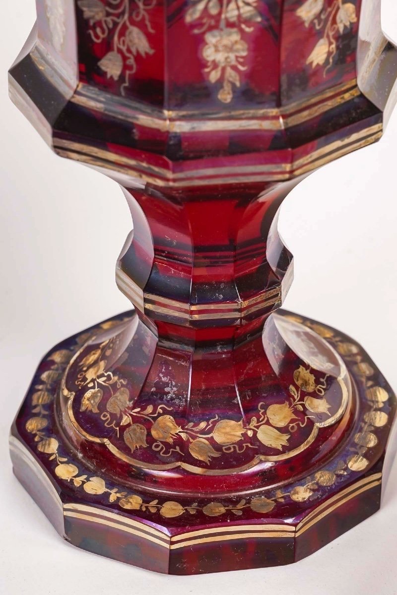Paire de Gobelets en Verre de Bohême Rouge, Décor Floral – 19e Siècle-photo-2