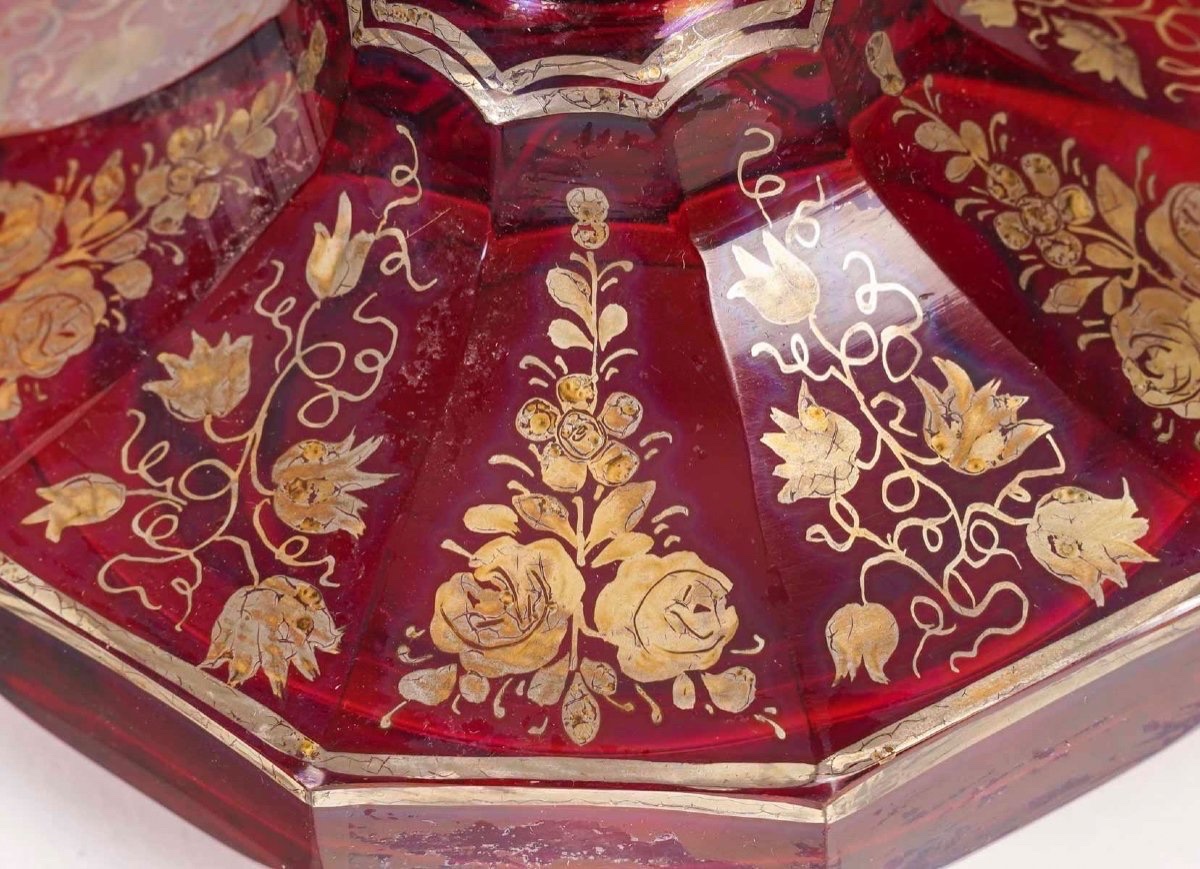 Paire de Gobelets en Verre de Bohême Rouge, Décor Floral – 19e Siècle-photo-4
