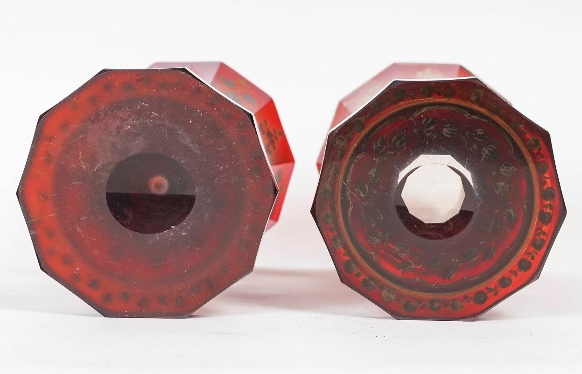 Paire de Gobelets en Verre de Bohême Rouge, Décor Floral – 19e Siècle-photo-5