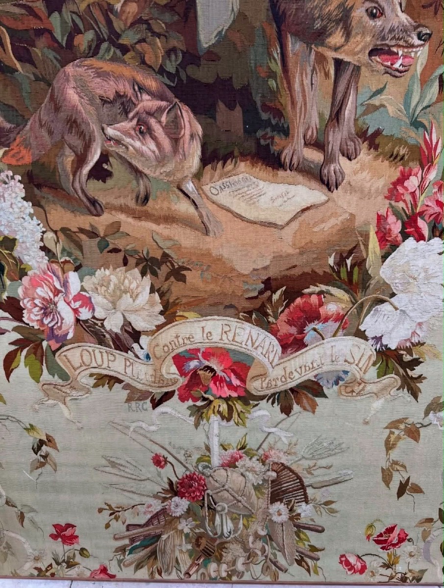 Aubusson Tapestry – “the Wolf Cornered By The Fox,” 19th Century-photo-3