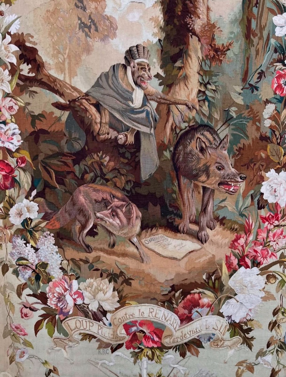 Aubusson Tapestry – “the Wolf Cornered By The Fox,” 19th Century-photo-4