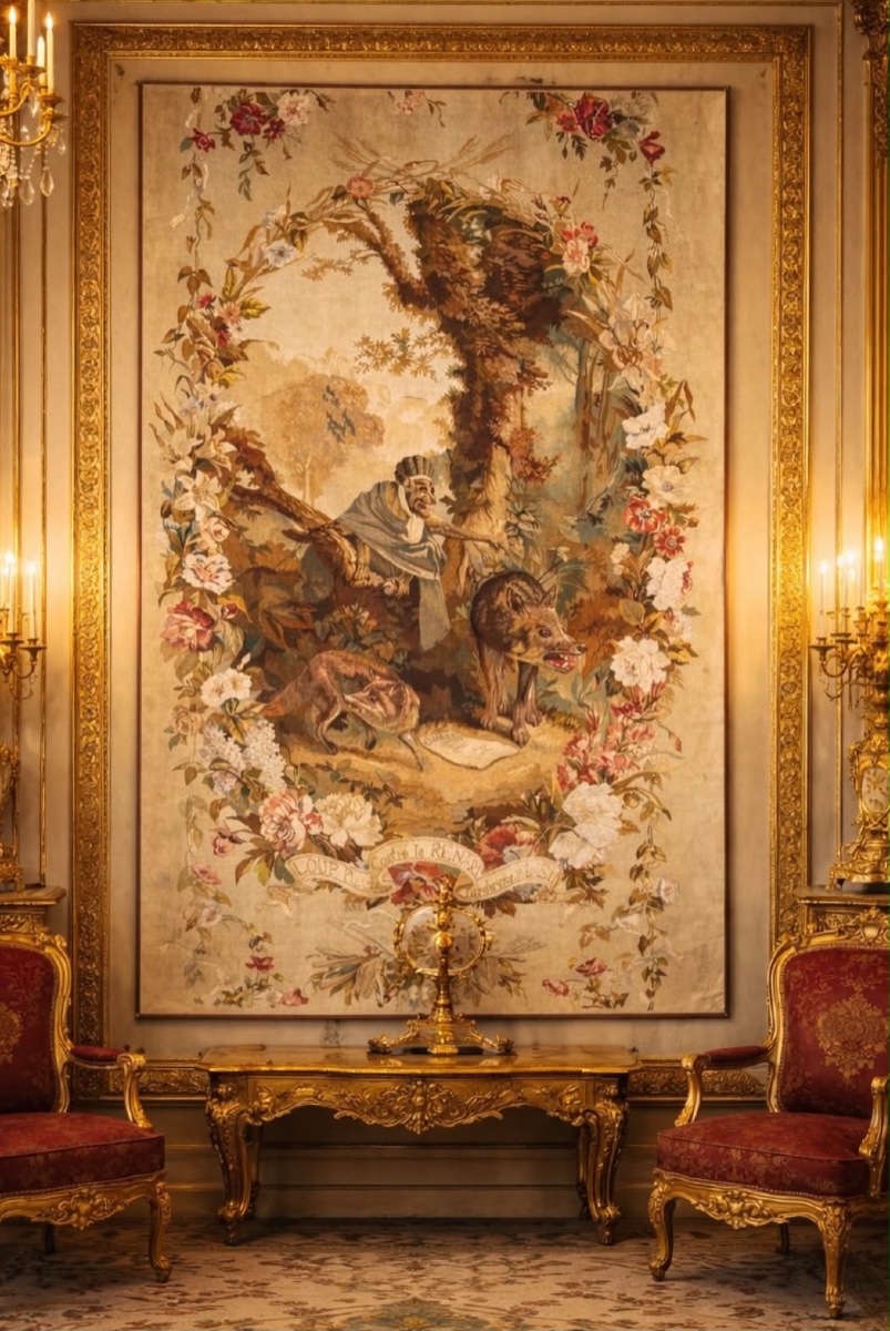 Aubusson Tapestry – “the Wolf Cornered By The Fox,” 19th Century