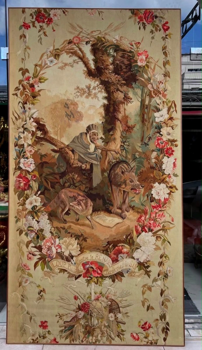 Aubusson Tapestry – “the Wolf Cornered By The Fox,” 19th Century