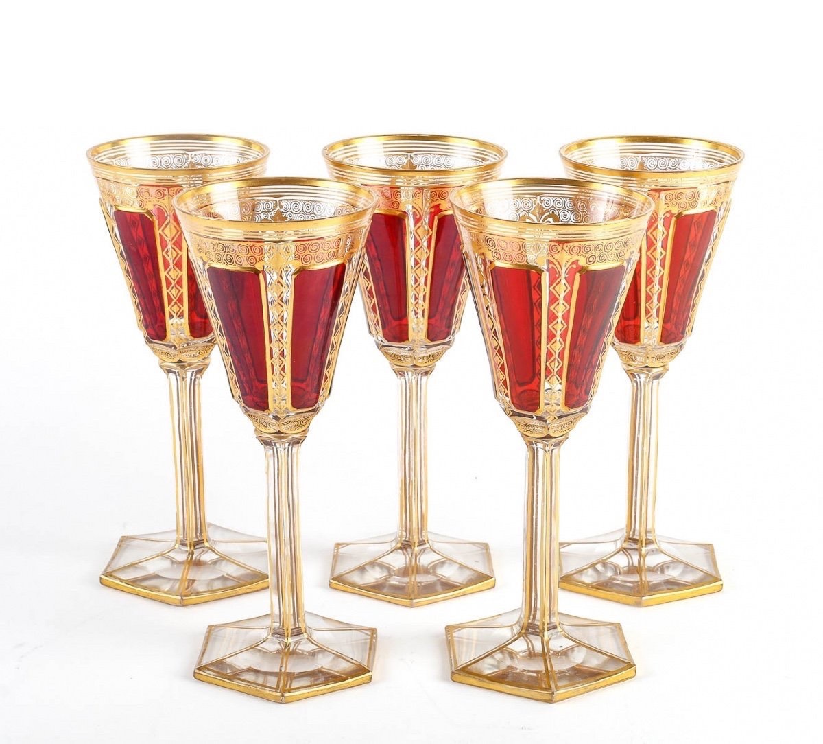 Set Of 5 Enameled And Gilded Bohemian Glasses, 19th Century.
