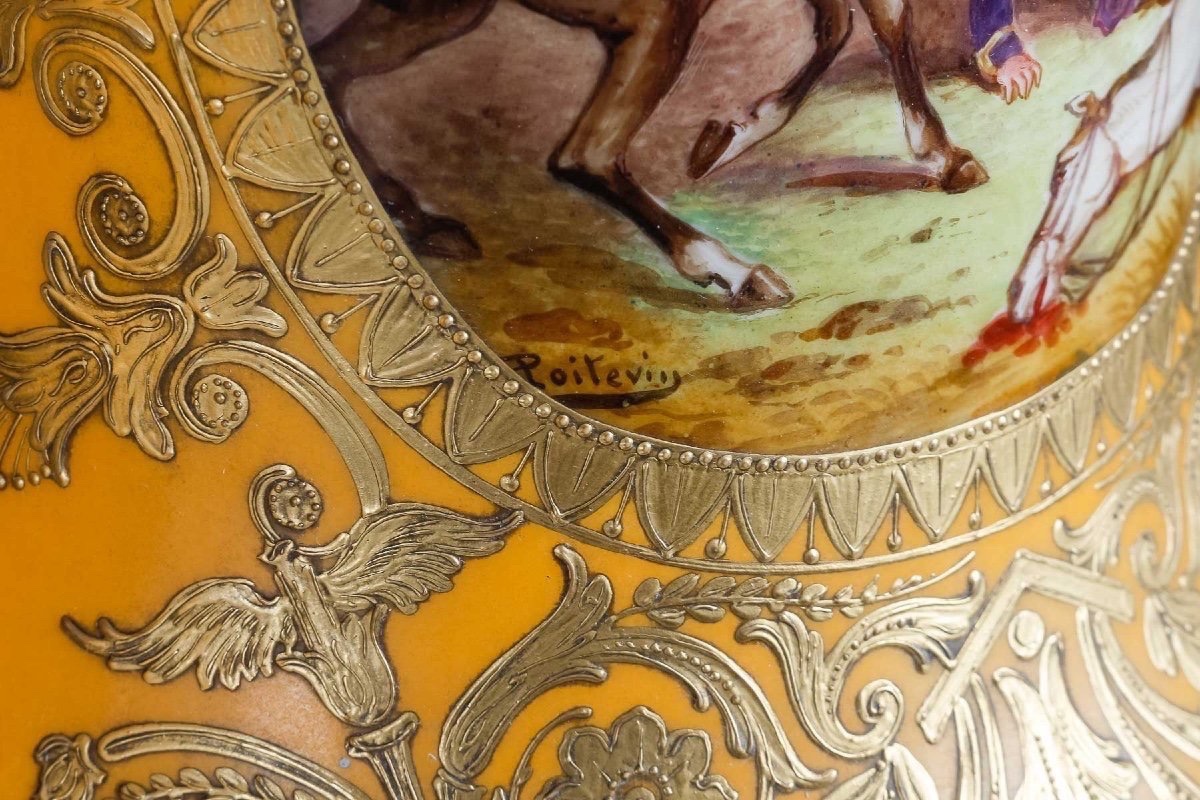  Sèvres Porcelain Vases—battle Scenes, Signed Poitevin-photo-6