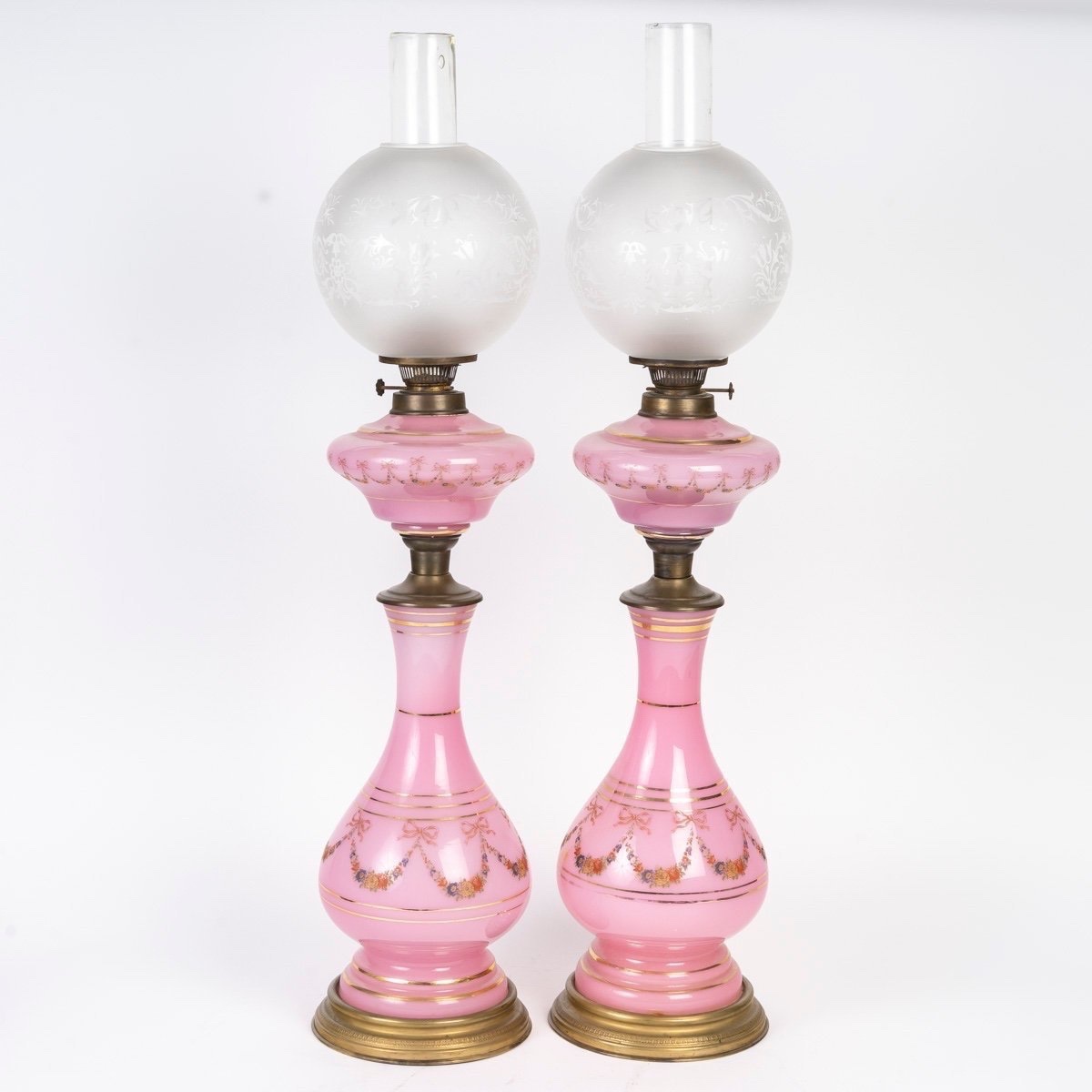 Pair Of Pink Opaline Oil Lamps – 19th Century-photo-2