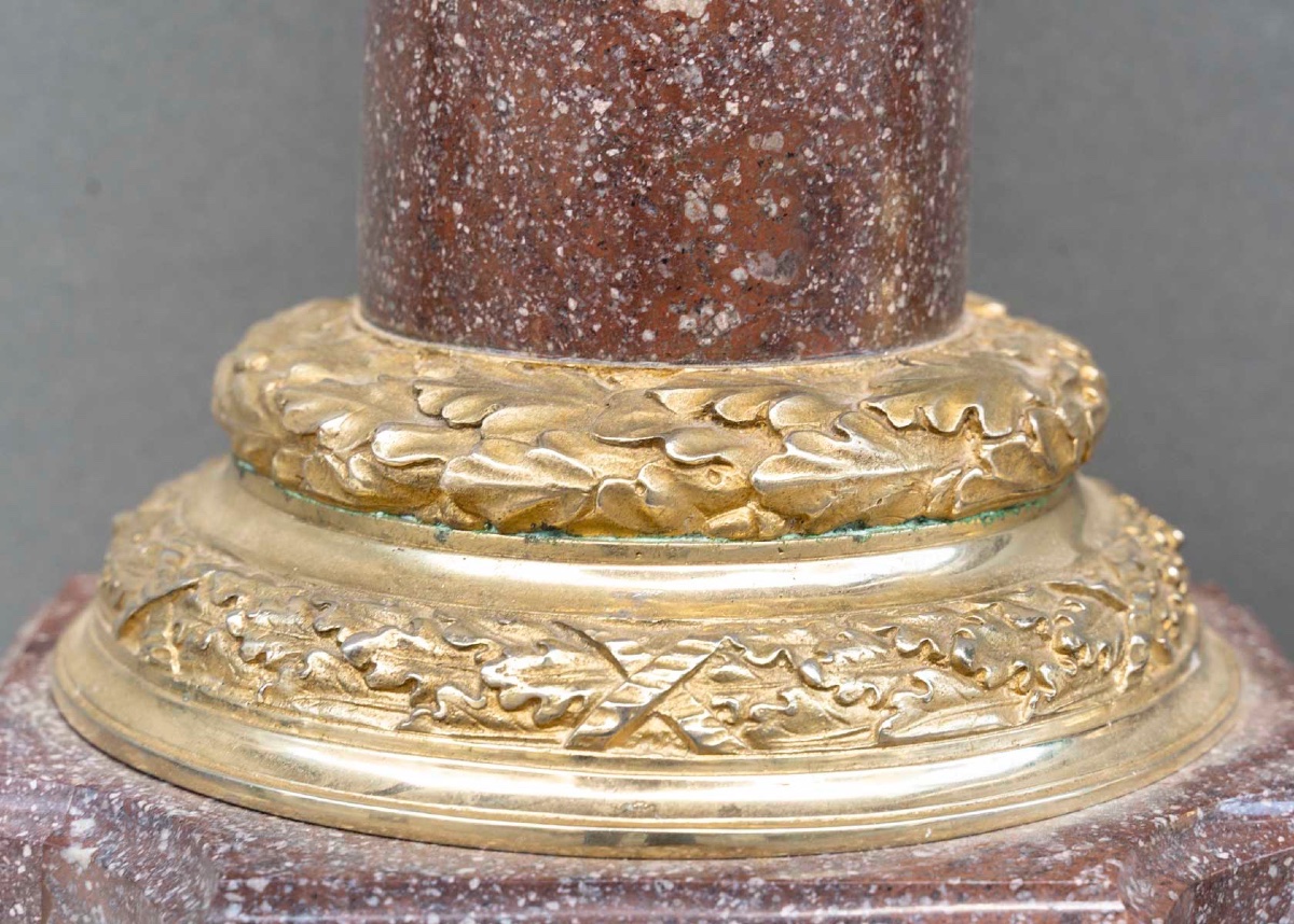 Pair Of Porphyry Marble And Gilded Bronze Columns – 19th Century-photo-3