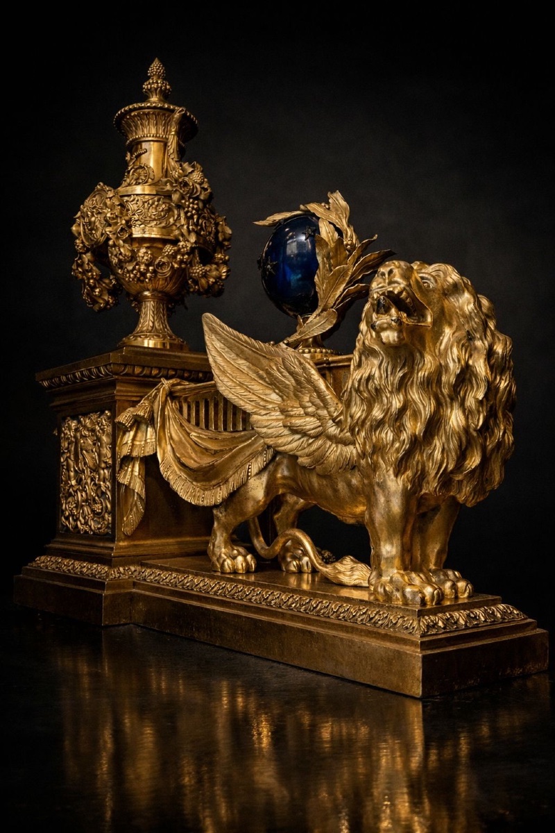 PAIRE DE CHENETS « AUX LIONS AILÉS » EN BRONZE DORÉ Style Louis XVI, Paris, Maison Beurdeley-photo-5