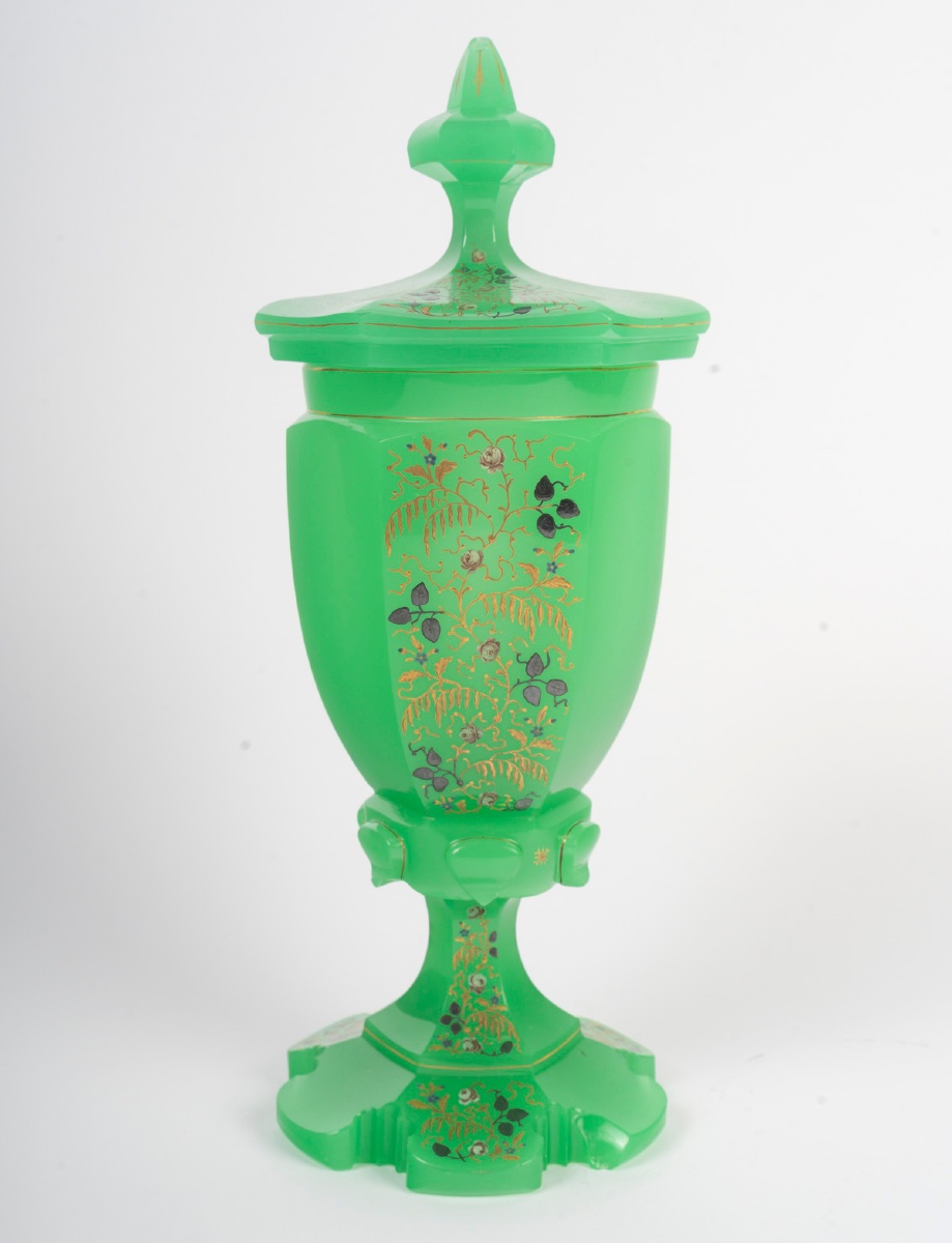 19th-century Green Opaline Covered Vase