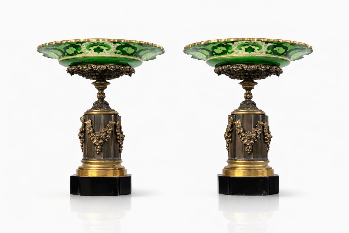 PAIRE DE COUPES EN OPALINE ET BRONZE - 19ᵉ SIÈCLE
